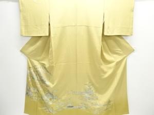 箔置き寺院風景模様三つ紋色無地着物(比翼付き)